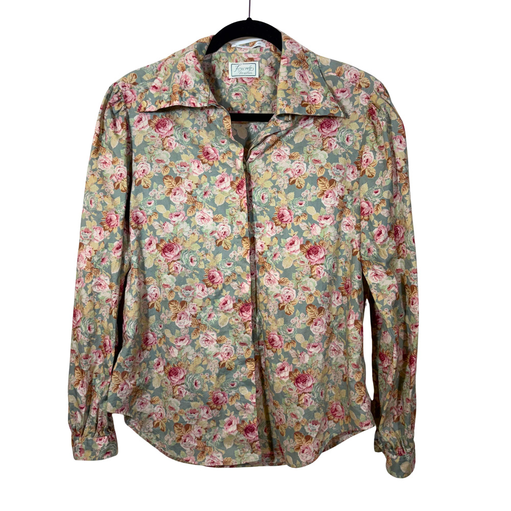 Vintage Pastel Floral Button Down Shirt Cotton Pink Blue Sage Cottagecore Sz 14
